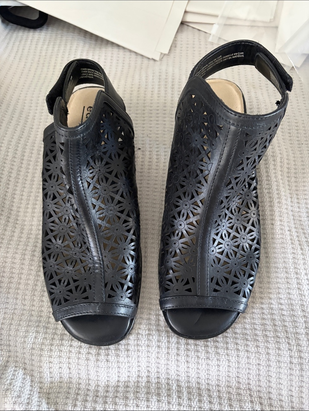 NWOT Earth Black Leather Laser-Cut Open-Toe Ankle Strap Sandals